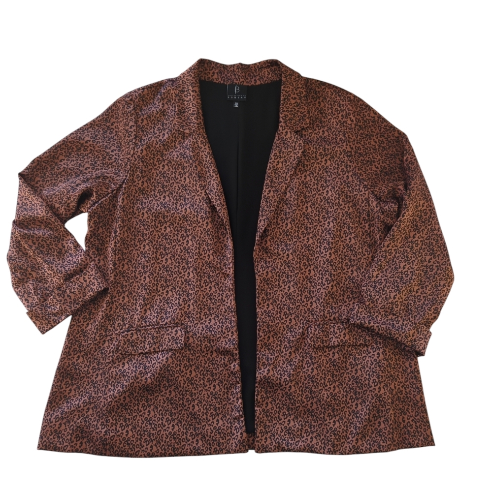Bobeau Animal Leopard Print Open Front Cuffed Blazer Plus 2X Black Brown Cheetah